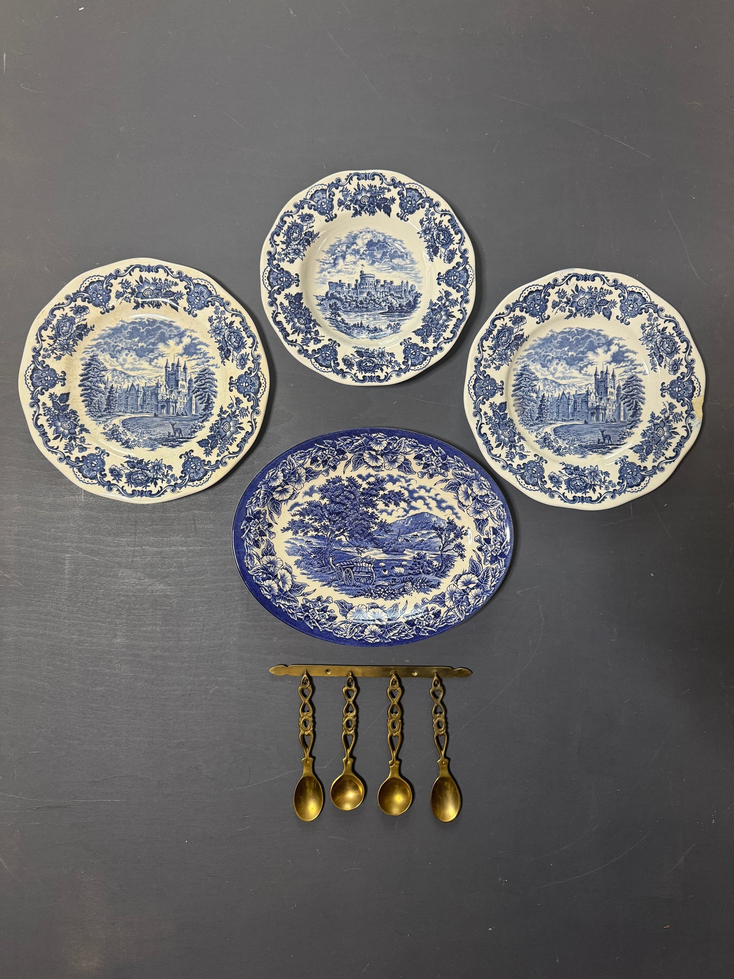 Vintage Kitchen Gallery Wall Set : Blue & White - Willow Style English Plates + Brass Spoons