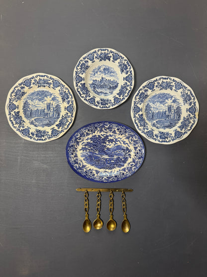 Vintage Kitchen Gallery Wall Set : Blue & White - Willow Style English Plates + Brass Spoons