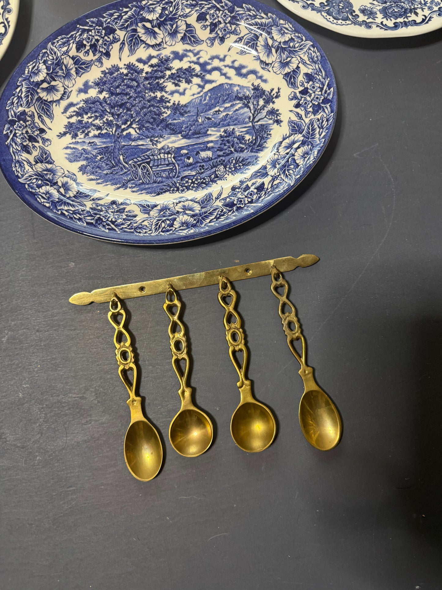 Vintage Kitchen Gallery Wall Set : Blue & White - Willow Style English Plates + Brass Spoons