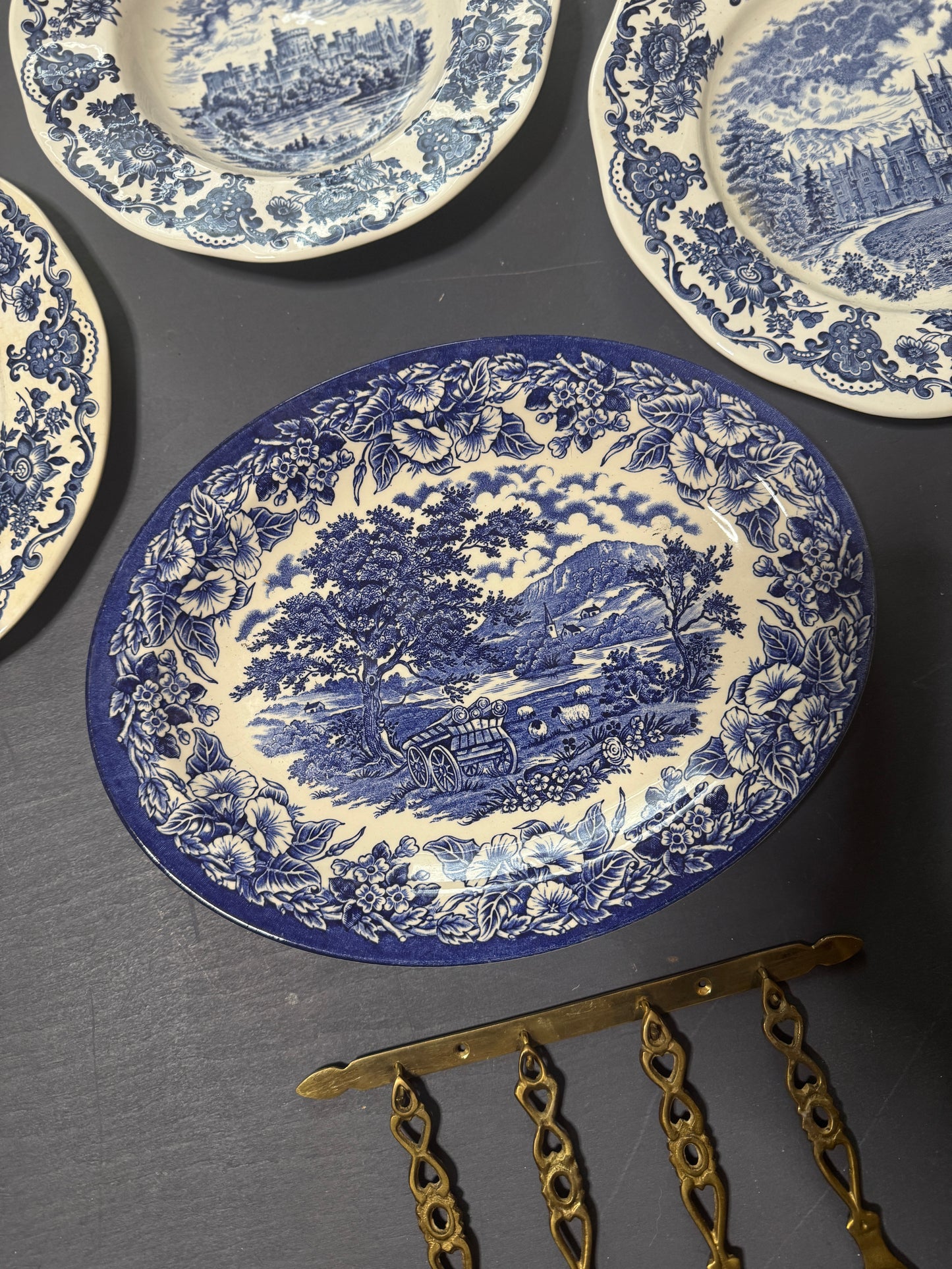 Vintage Kitchen Gallery Wall Set : Blue & White - Willow Style English Plates + Brass Spoons