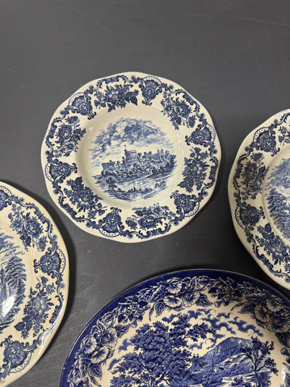 Vintage Kitchen Gallery Wall Set : Blue & White - Willow Style English Plates + Brass Spoons