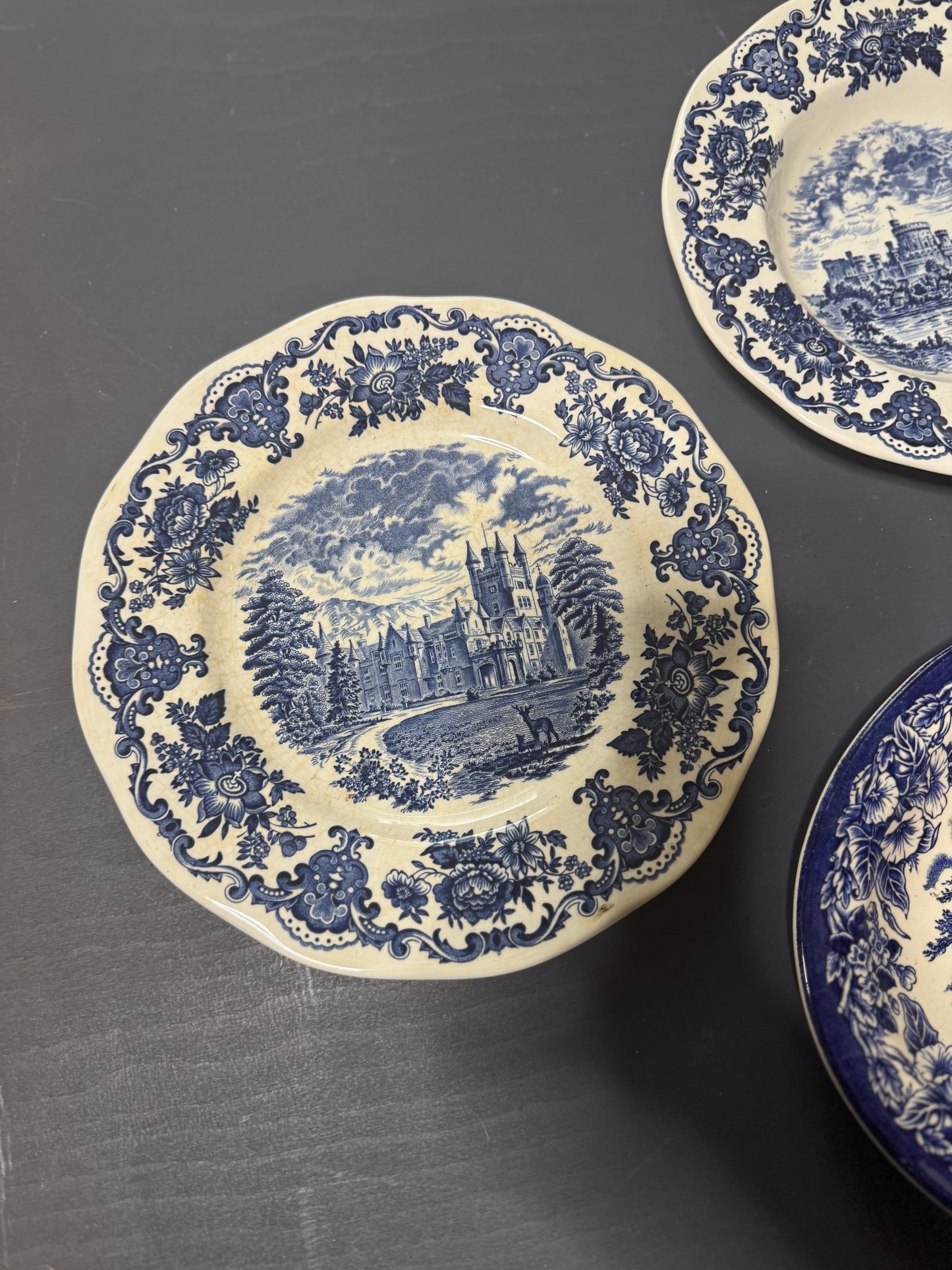Vintage Kitchen Gallery Wall Set : Blue & White - Willow Style English Plates + Brass Spoons