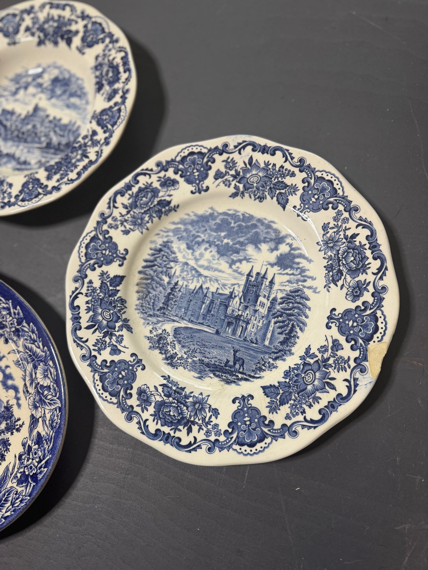 Vintage Kitchen Gallery Wall Set : Blue & White - Willow Style English Plates + Brass Spoons