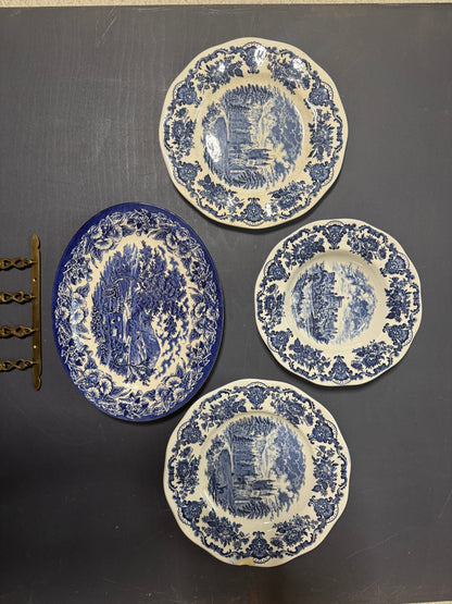Vintage Kitchen Gallery Wall Set : Blue & White - Willow Style English Plates + Brass Spoons