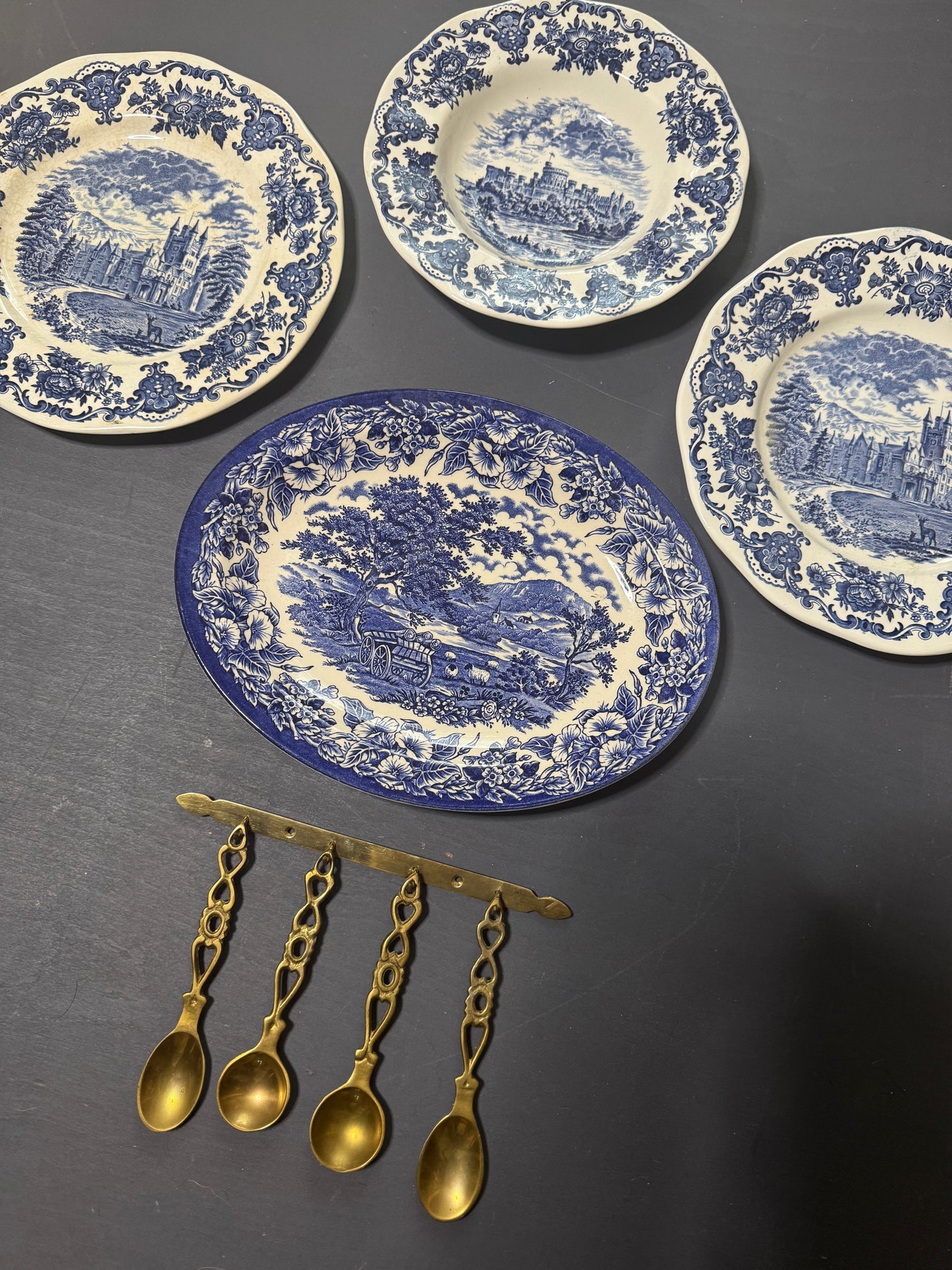 Vintage Kitchen Gallery Wall Set : Blue & White - Willow Style English Plates + Brass Spoons