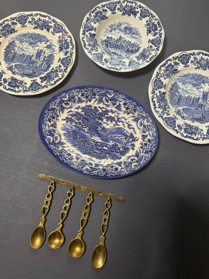 Vintage Kitchen Gallery Wall Set : Blue & White - Willow Style English Plates + Brass Spoons