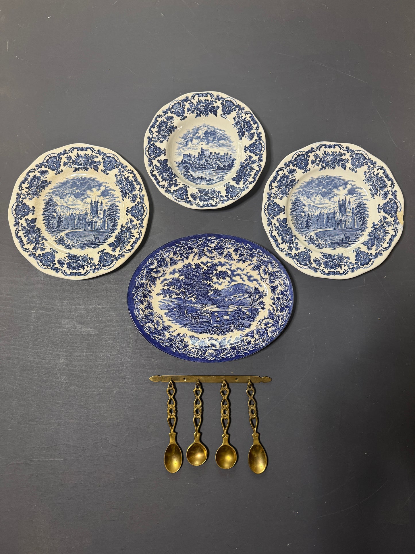 Vintage Kitchen Gallery Wall Set : Blue & White - Willow Style English Plates + Brass Spoons