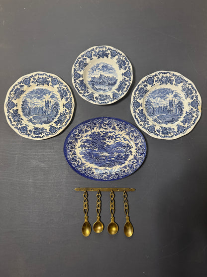 Vintage Kitchen Gallery Wall Set : Blue & White - Willow Style English Plates + Brass Spoons