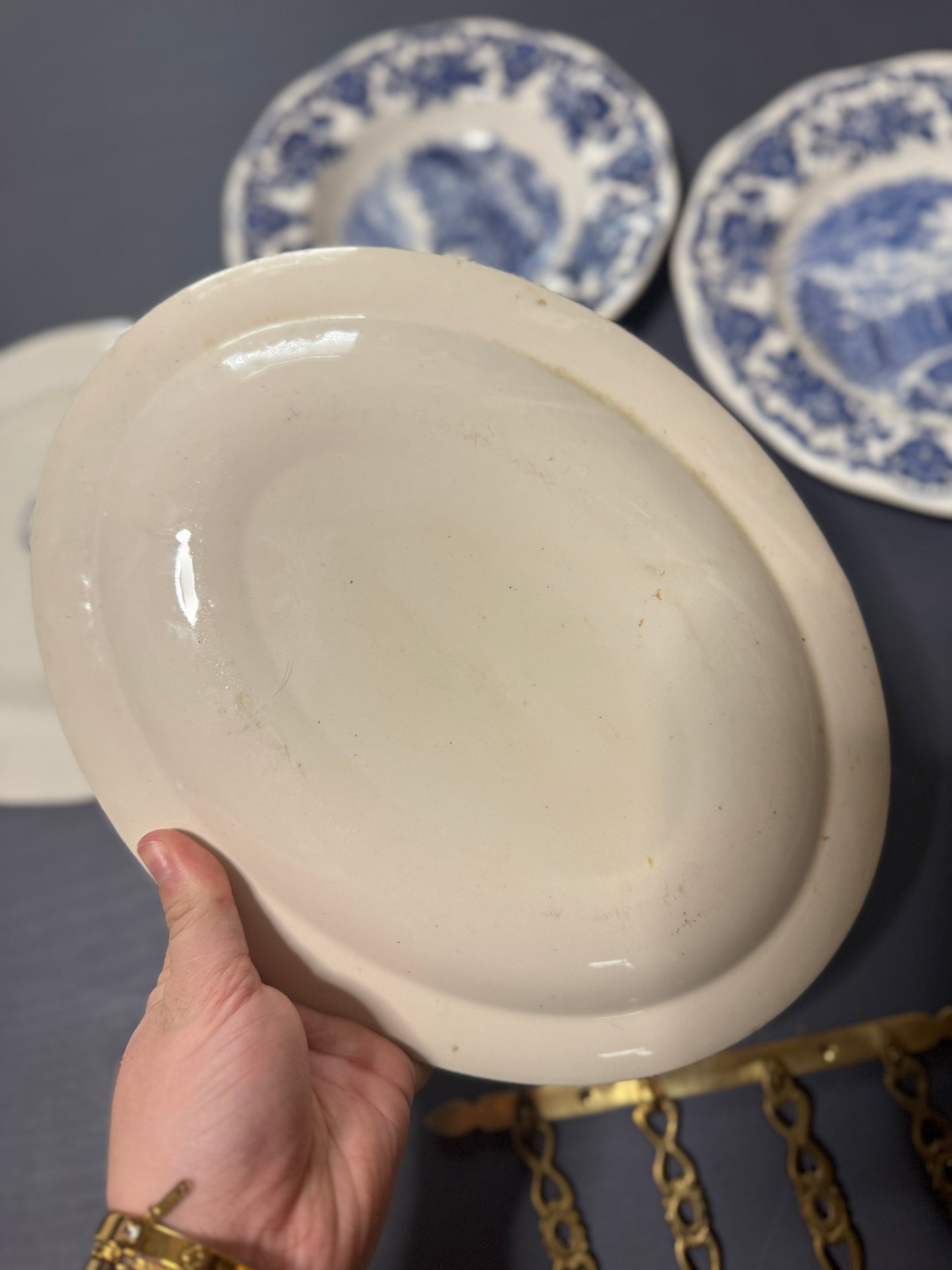 Vintage Kitchen Gallery Wall Set : Blue & White - Willow Style English Plates + Brass Spoons
