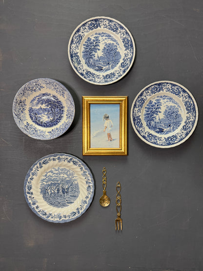 Vintage Blue & White Gallery Wall Set : Willow Style English Plates + Brass Spoons
