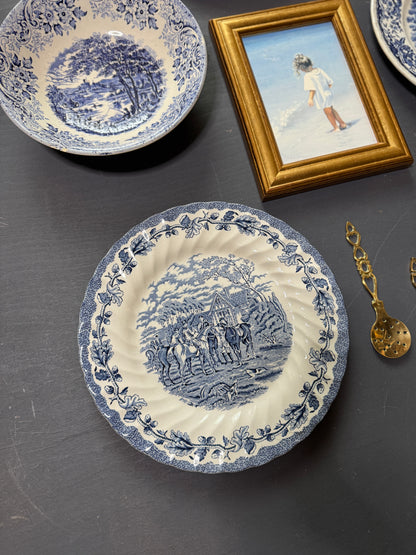 Vintage Blue & White Gallery Wall Set : Willow Style English Plates + Brass Spoons