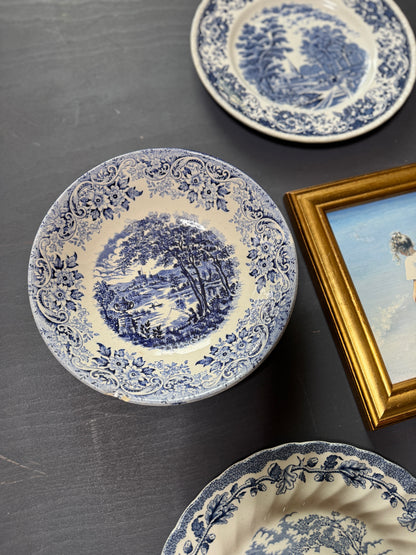 Vintage Blue & White Gallery Wall Set : Willow Style English Plates + Brass Spoons