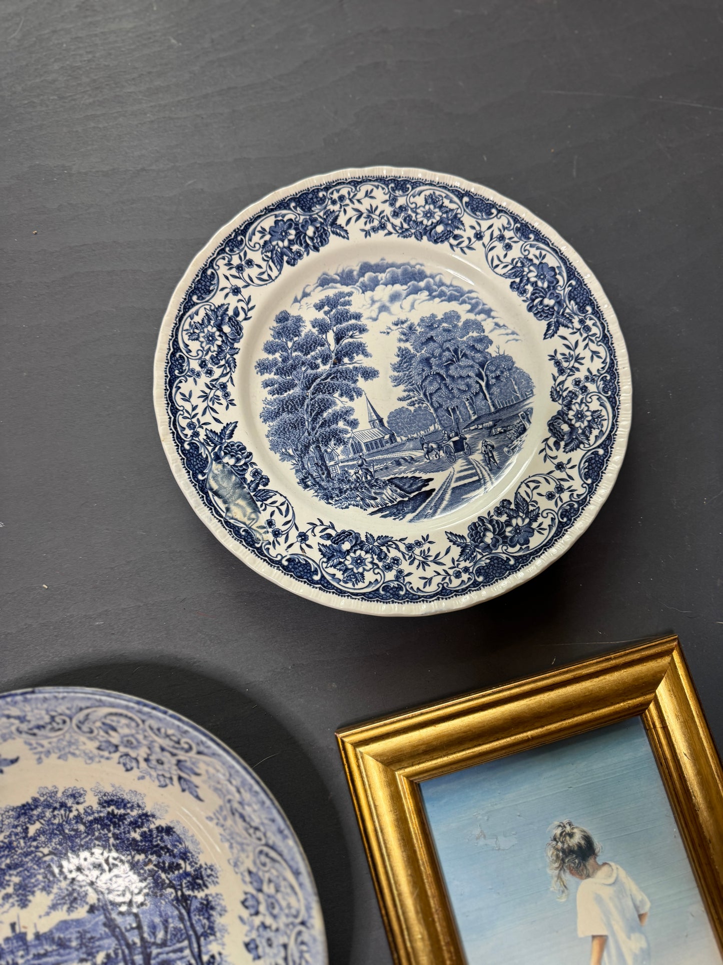 Vintage Blue & White Gallery Wall Set : Willow Style English Plates + Brass Spoons
