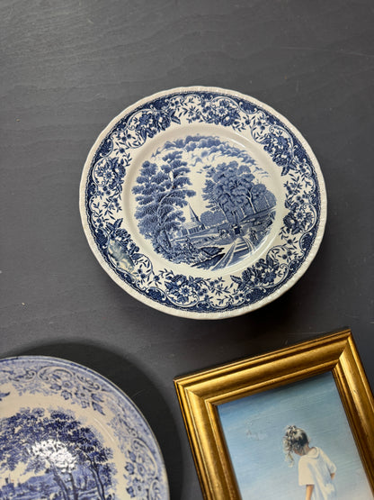 Vintage Blue & White Gallery Wall Set : Willow Style English Plates + Brass Spoons