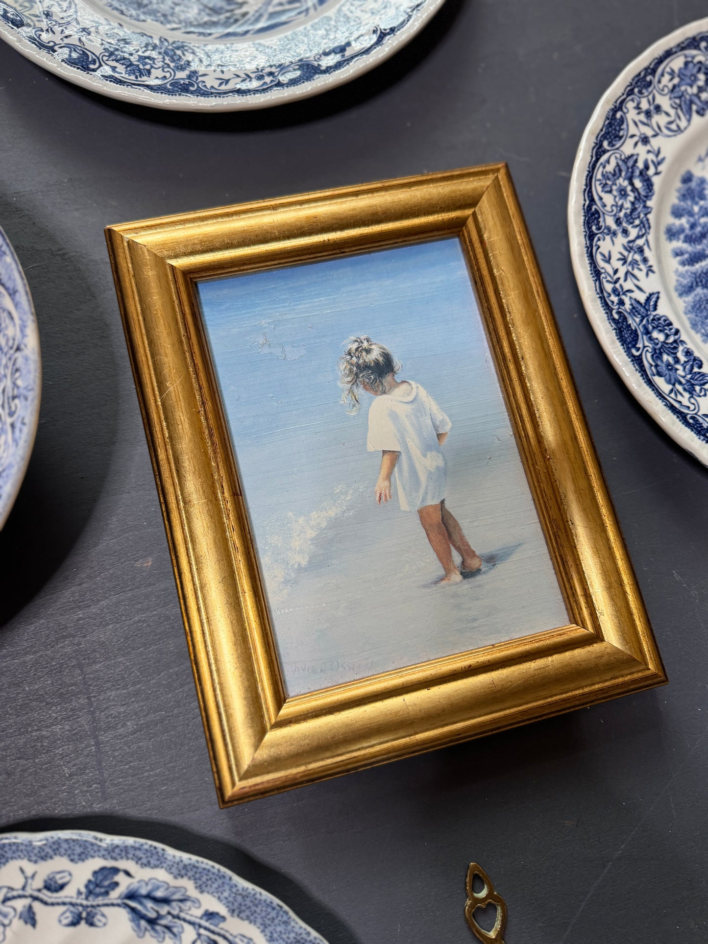 Vintage Blue & White Gallery Wall Set : Willow Style English Plates + Brass Spoons