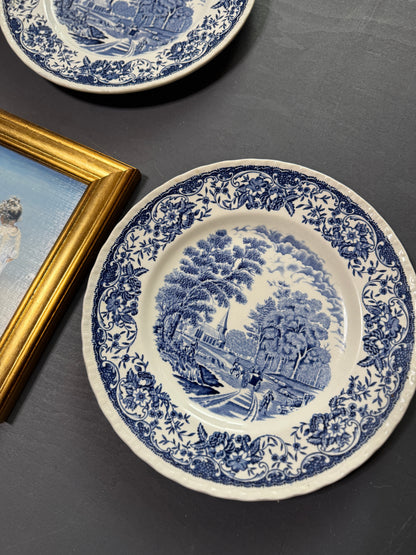 Vintage Blue & White Gallery Wall Set : Willow Style English Plates + Brass Spoons