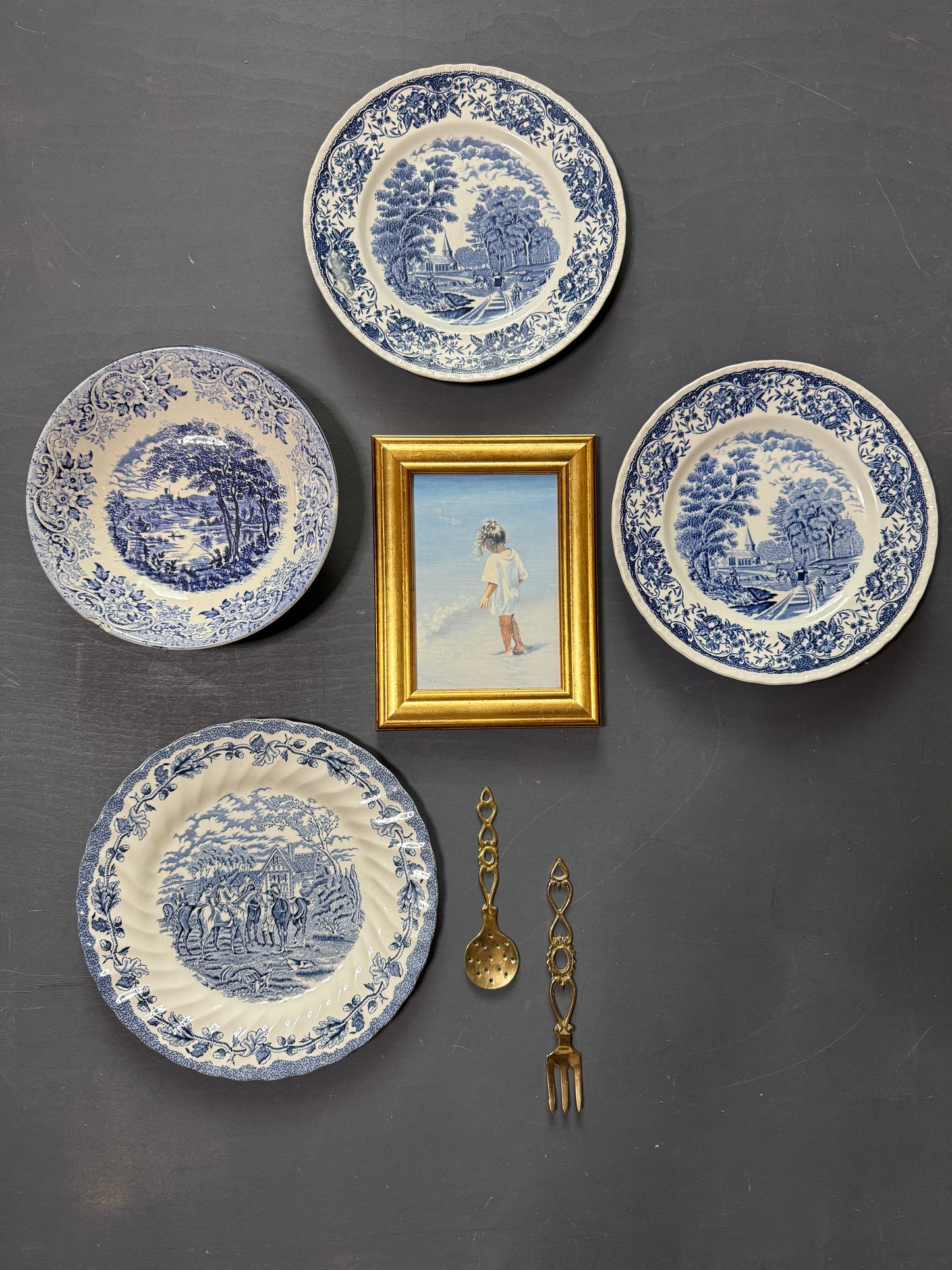 Vintage Blue & White Gallery Wall Set : Willow Style English Plates + Brass Spoons