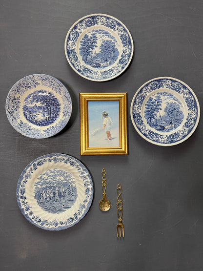 Vintage Blue & White Gallery Wall Set : Willow Style English Plates + Brass Spoons