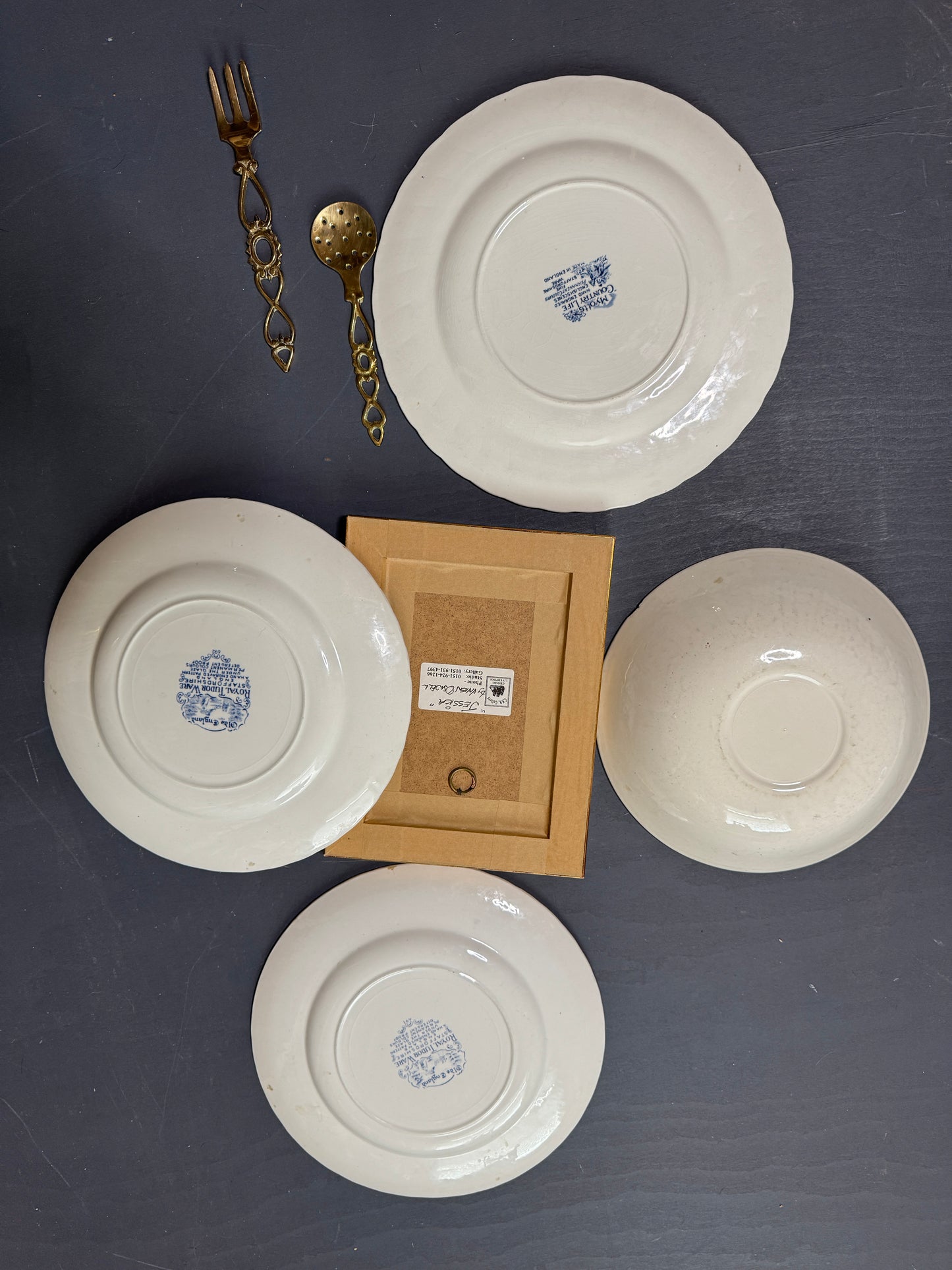 Vintage Blue & White Gallery Wall Set : Willow Style English Plates + Brass Spoons