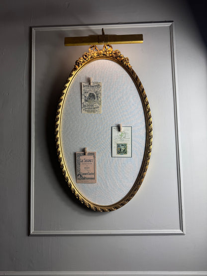 Vintage French-Style Gilt Oval Bulletin Board – Fabric Notice Board with Bow, c.1958