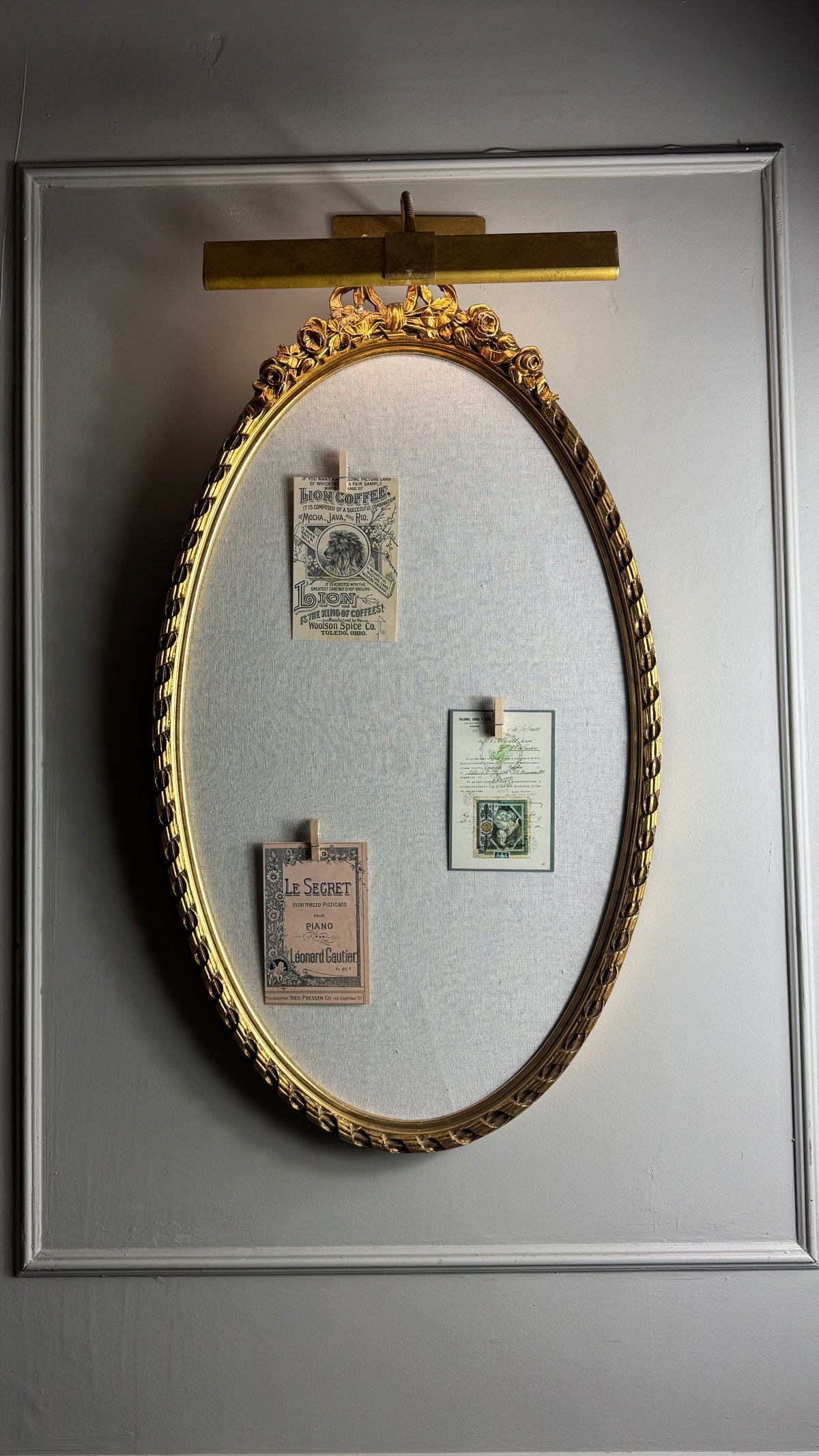 Vintage French-Style Gilt Oval Bulletin Board – Fabric Notice Board with Bow, c.1958
