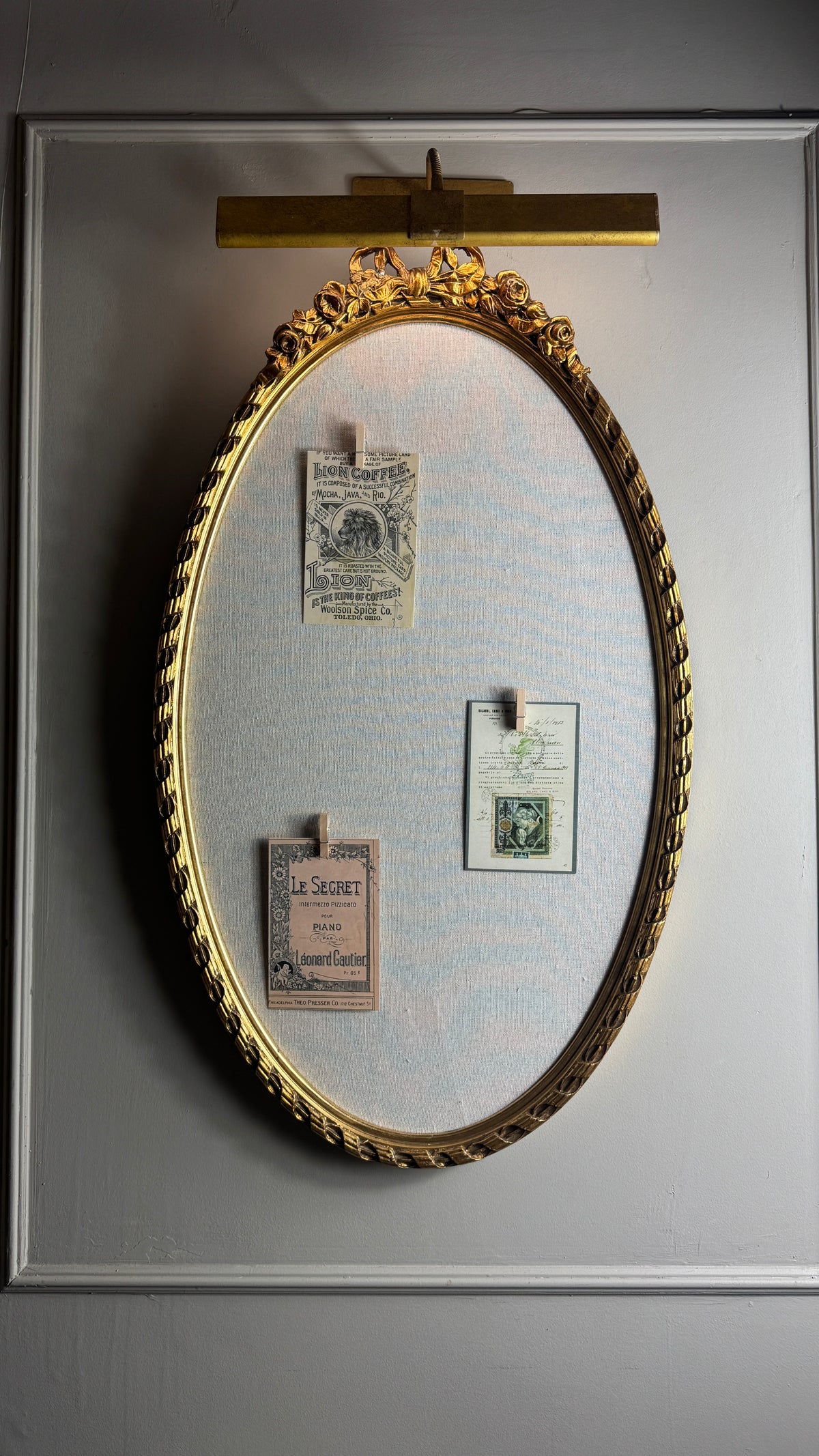 Vintage French-Style Gilt Oval Bulletin Board – Fabric Notice Board with Bow, c.1958
