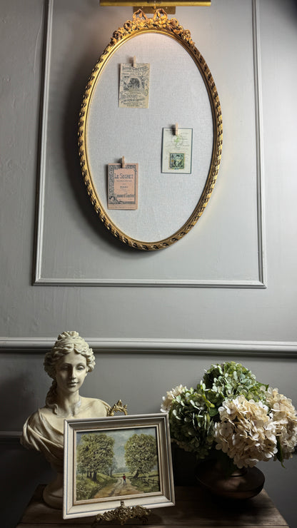 Vintage French-Style Gilt Oval Bulletin Board – Fabric Notice Board with Bow, c.1958