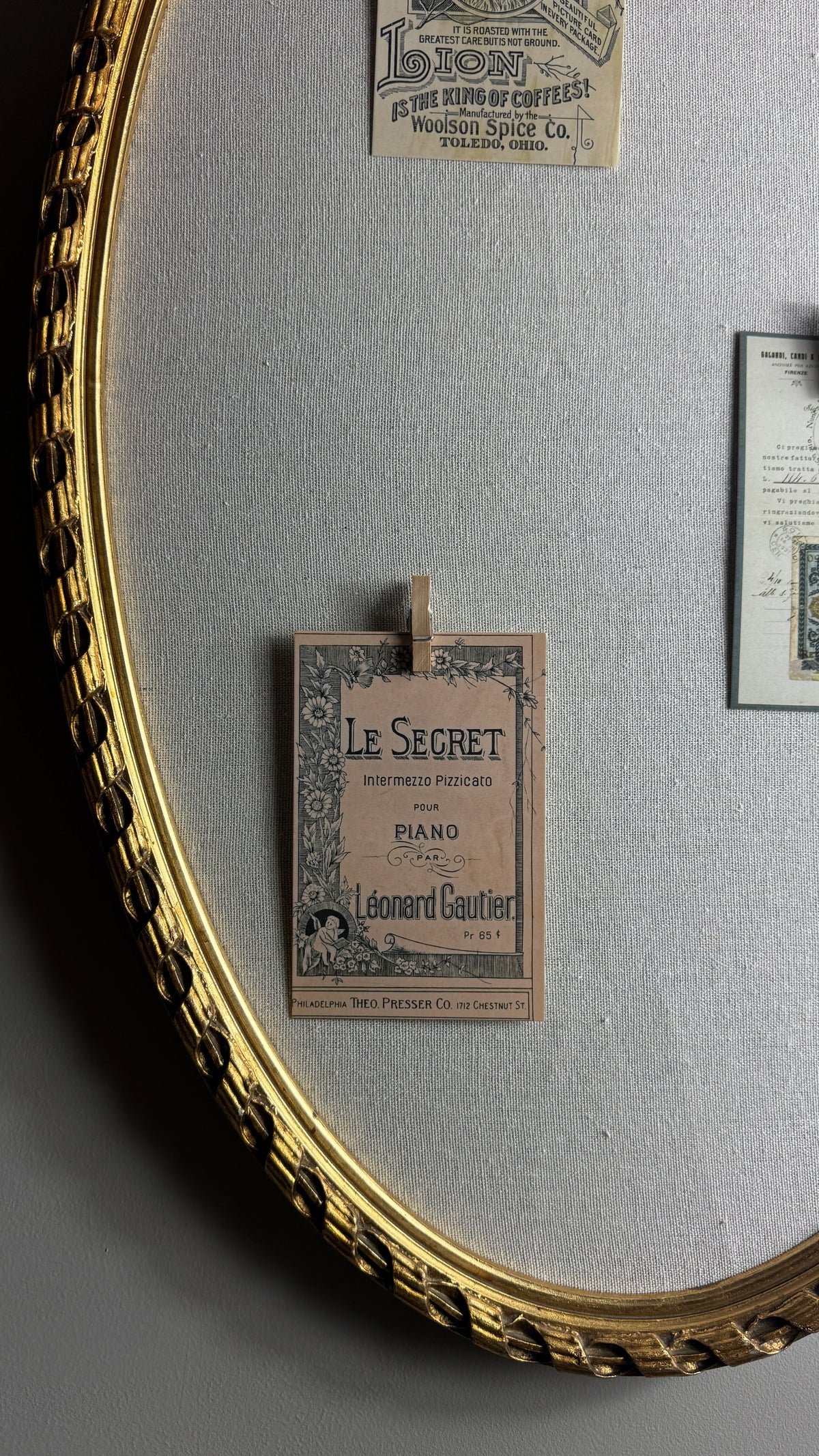 Vintage French-Style Gilt Oval Bulletin Board – Fabric Notice Board with Bow, c.1958