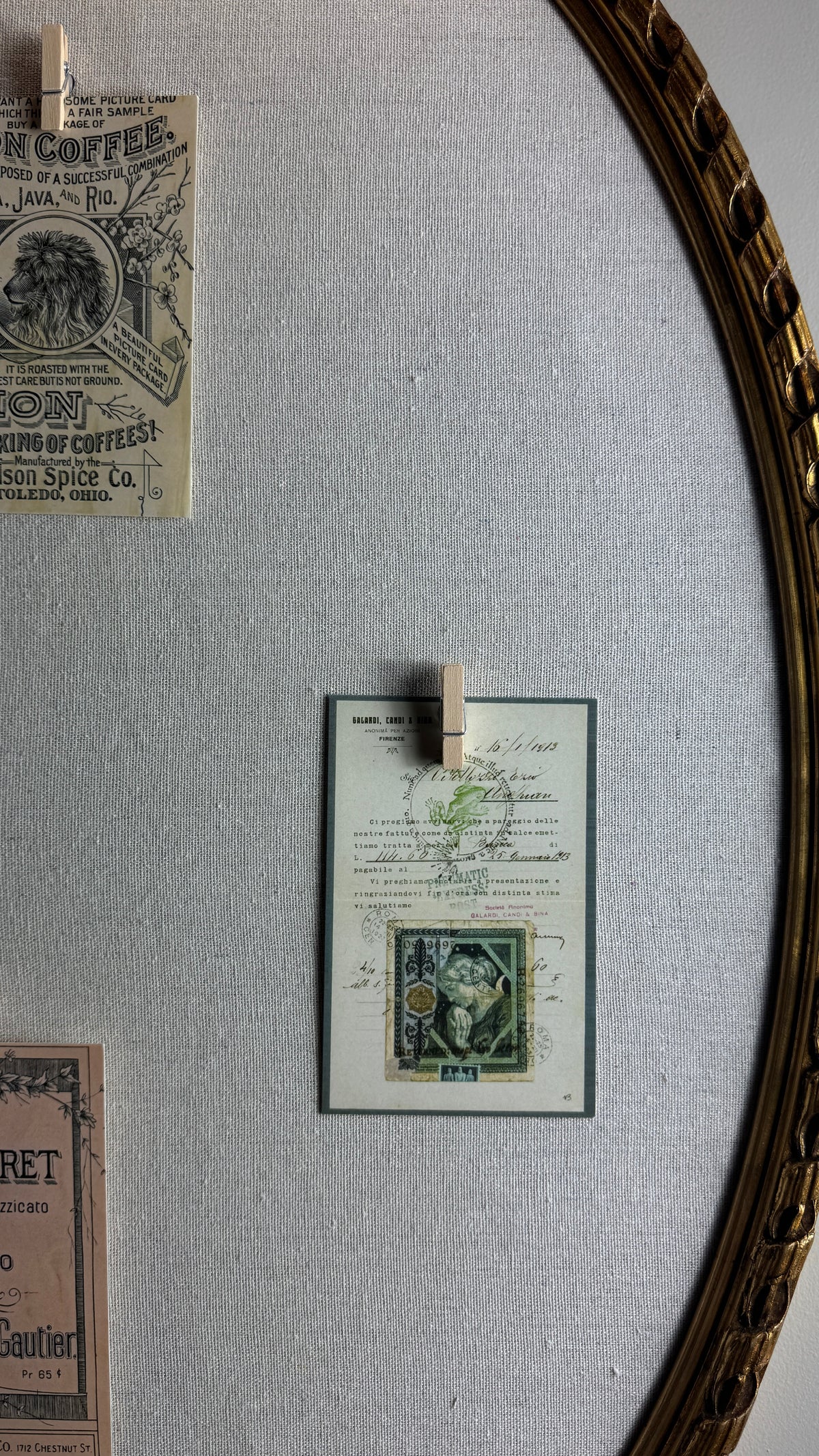 Vintage French-Style Gilt Oval Bulletin Board – Fabric Notice Board with Bow, c.1958