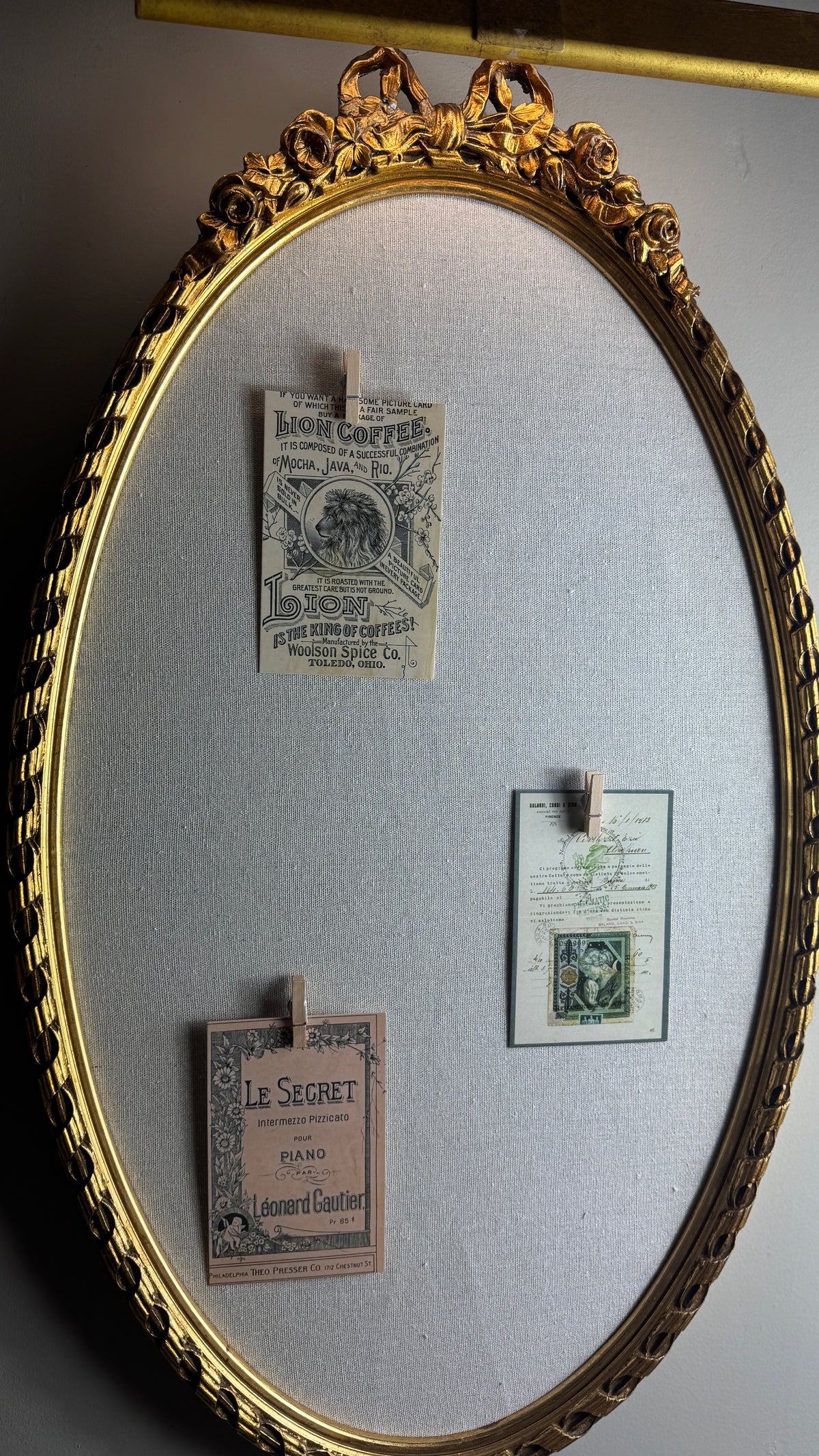 Vintage French-Style Gilt Oval Bulletin Board – Fabric Notice Board with Bow, c.1958