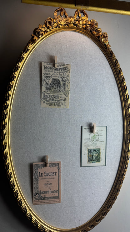Vintage French-Style Gilt Oval Bulletin Board – Fabric Notice Board with Bow, c.1958