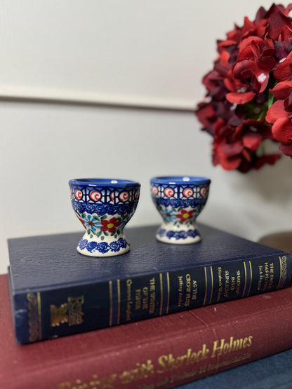 Vintage Boho Ceramic Candle Holders / Egg Cups – Folk Patterned Pair