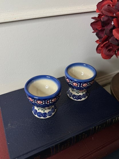 Vintage Boho Ceramic Candle Holders / Egg Cups – Folk Patterned Pair