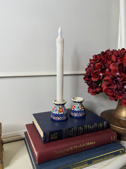 Vintage Boho Ceramic Candle Holders / Egg Cups – Folk Patterned Pair