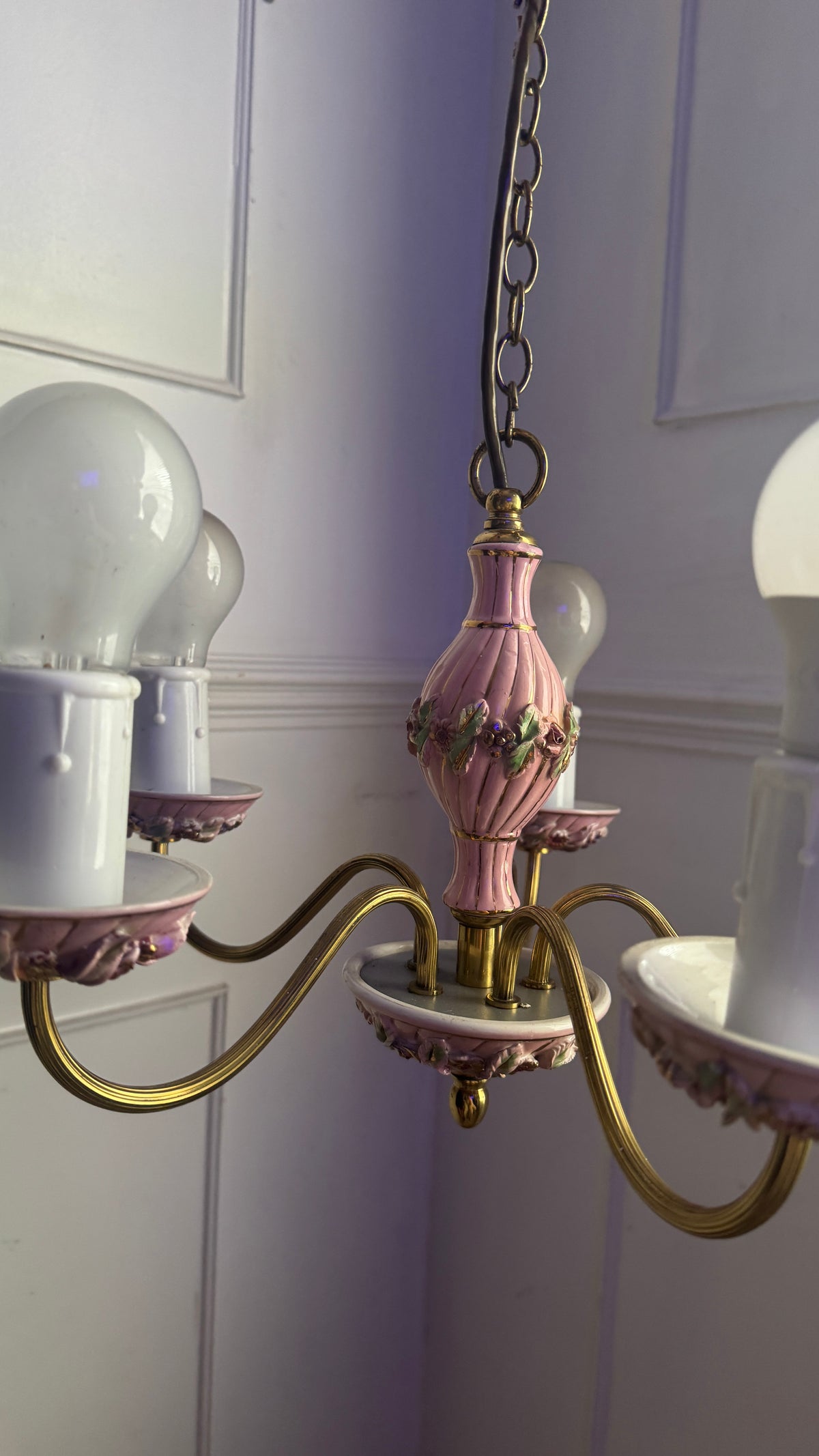 Vintage Italian Porcelain & Brass Chandelier, 5 Arm 5 Light, Pink Floral Rococo Boudoir Ceiling Light