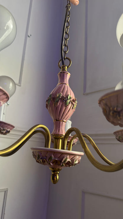 Vintage Italian Porcelain & Brass Chandelier, 5 Arm 5 Light, Pink Floral Rococo Boudoir Ceiling Light