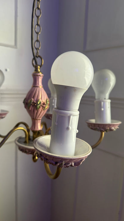 Vintage Italian Porcelain & Brass Chandelier, 5 Arm 5 Light, Pink Floral Rococo Boudoir Ceiling Light
