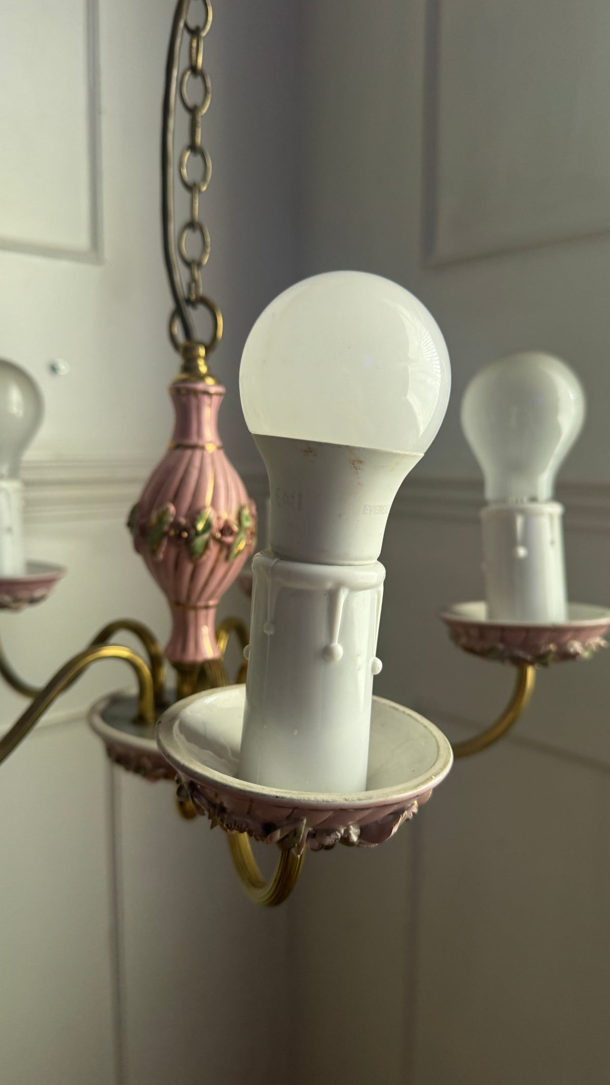 Vintage Italian Porcelain & Brass Chandelier, 5 Arm 5 Light, Pink Floral Rococo Boudoir Ceiling Light