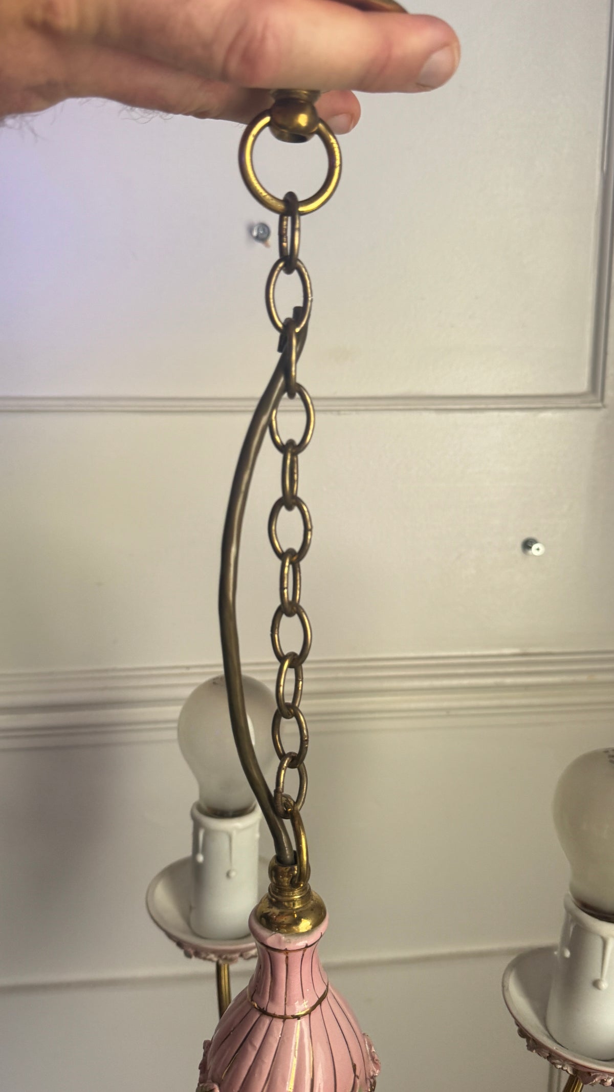 Vintage Italian Porcelain & Brass Chandelier, 5 Arm 5 Light, Pink Floral Rococo Boudoir Ceiling Light