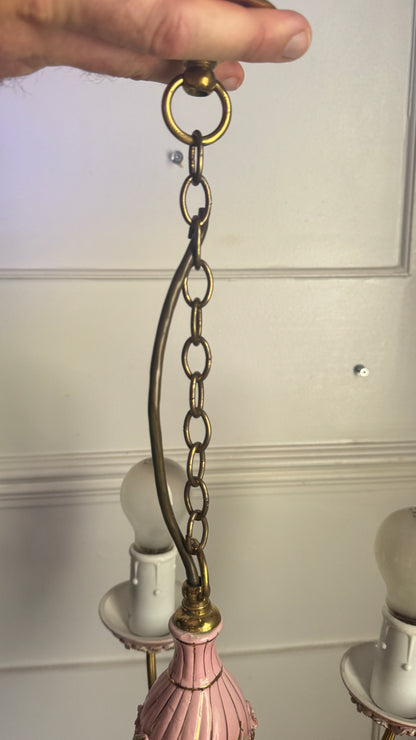 Vintage Italian Porcelain & Brass Chandelier, 5 Arm 5 Light, Pink Floral Rococo Boudoir Ceiling Light