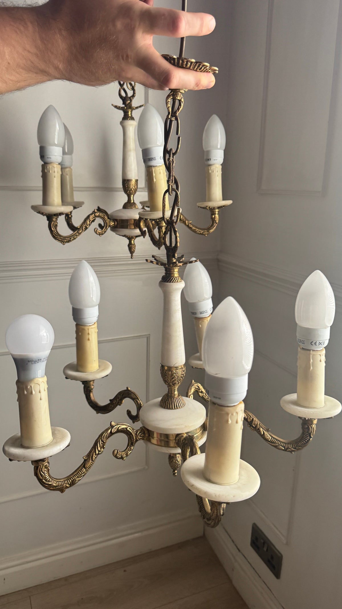 Vintage Italian Alabaster Chandelier, Brass Bronze 5 Arm Light, Mid Century Ceiling Light