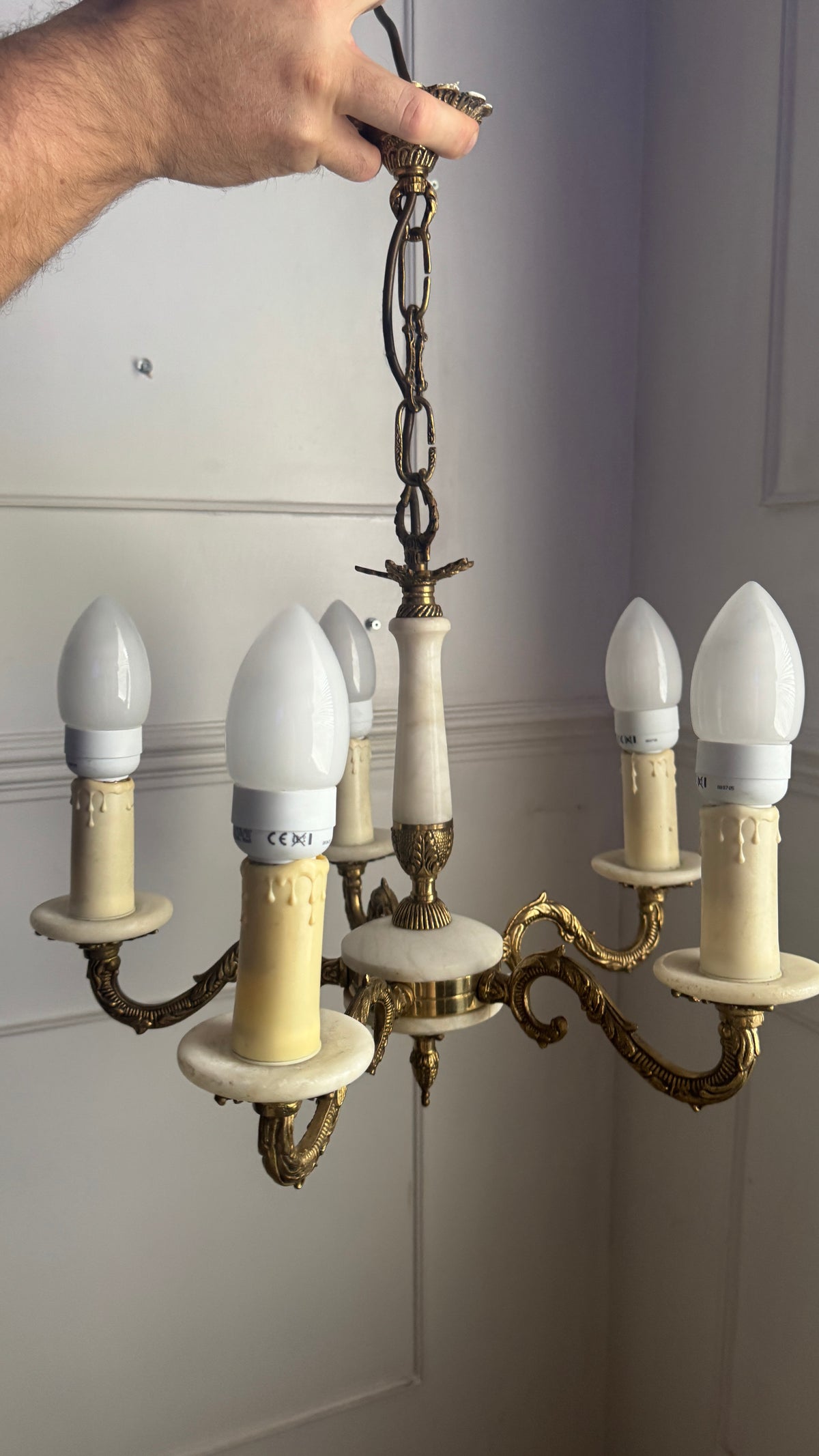 Vintage Italian Alabaster Chandelier, Brass Bronze 5 Arm Light, Mid Century Ceiling Light