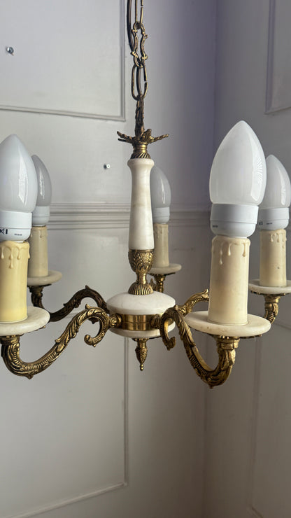 Vintage Italian Alabaster Chandelier, Brass Bronze 5 Arm Light, Mid Century Ceiling Light