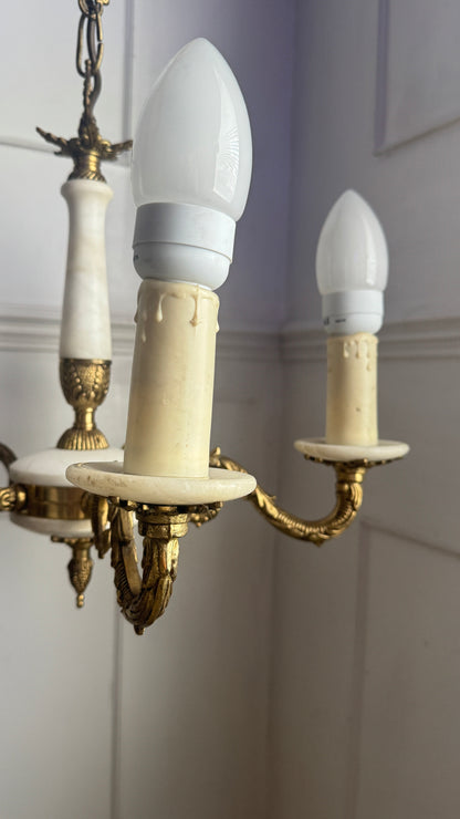 Vintage Italian Alabaster Chandelier, Brass Bronze 5 Arm Light, Mid Century Ceiling Light