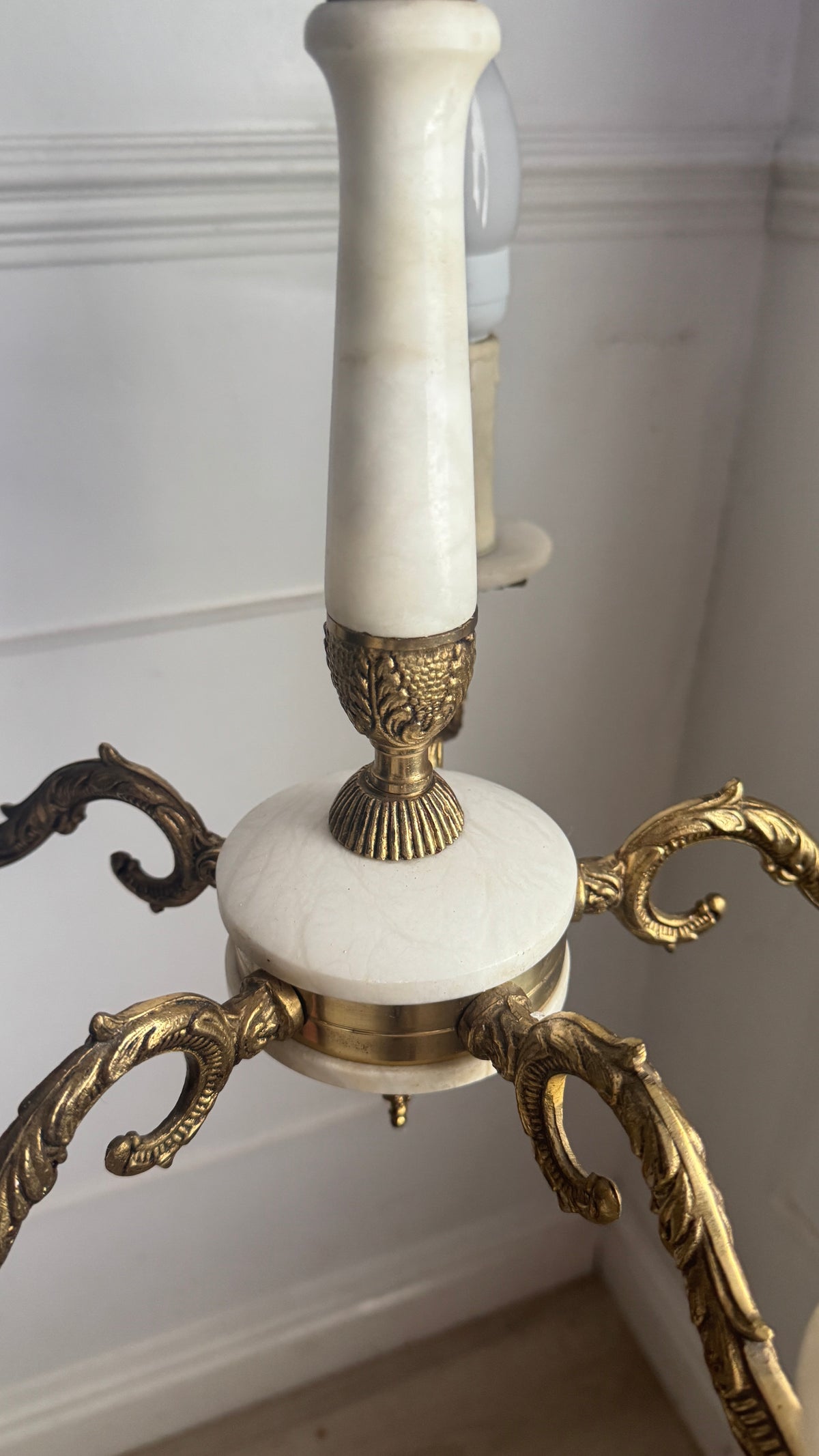 Vintage Italian Alabaster Chandelier, Brass Bronze 5 Arm Light, Mid Century Ceiling Light