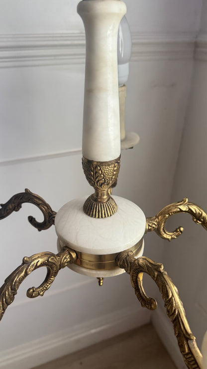 Vintage Italian Alabaster Chandelier, Brass Bronze 5 Arm Light, Mid Century Ceiling Light