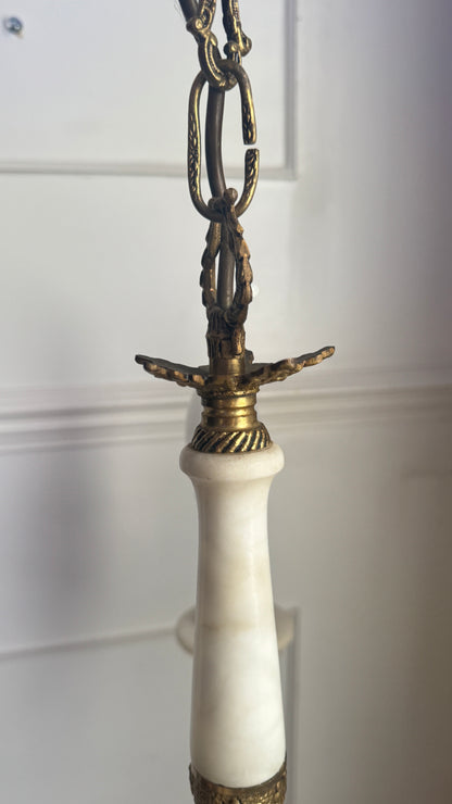 Vintage Italian Alabaster Chandelier, Brass Bronze 5 Arm Light, Mid Century Ceiling Light