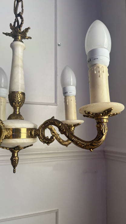Vintage Italian Alabaster Chandelier, Brass Bronze 5 Arm Light, Mid Century Ceiling Light