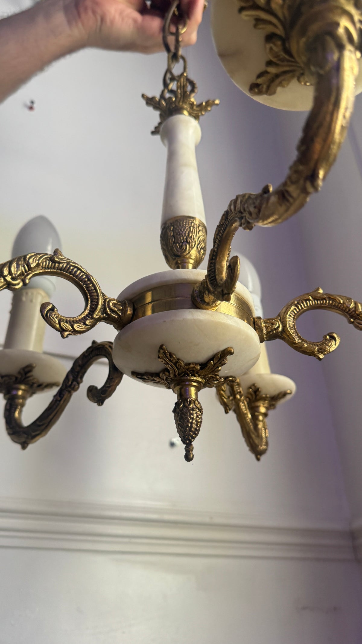 Vintage Italian Alabaster Chandelier, Brass Bronze 5 Arm Light, Mid Century Ceiling Light