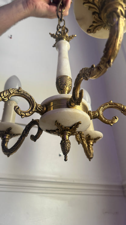 Vintage Italian Alabaster Chandelier, Brass Bronze 5 Arm Light, Mid Century Ceiling Light